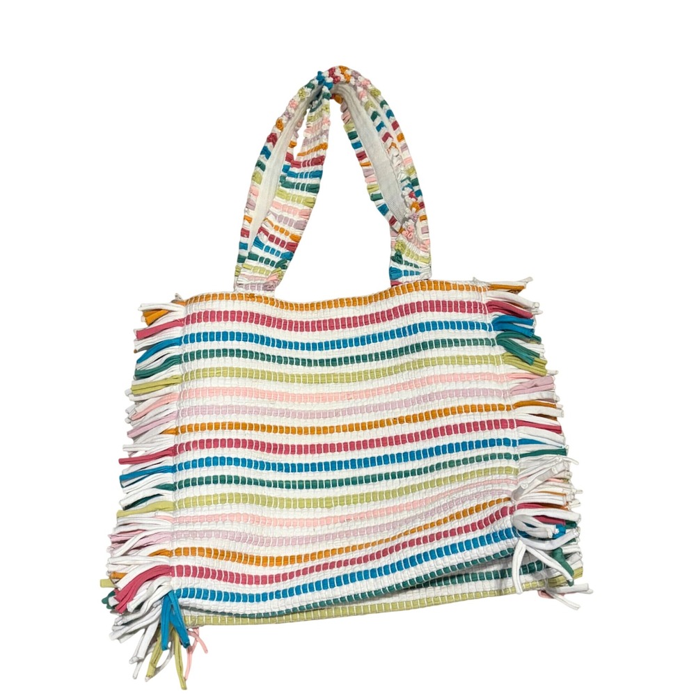 Shiraleah Chicago Multi Color Striped Recycled Cotton Woven Fringe Tote Bag